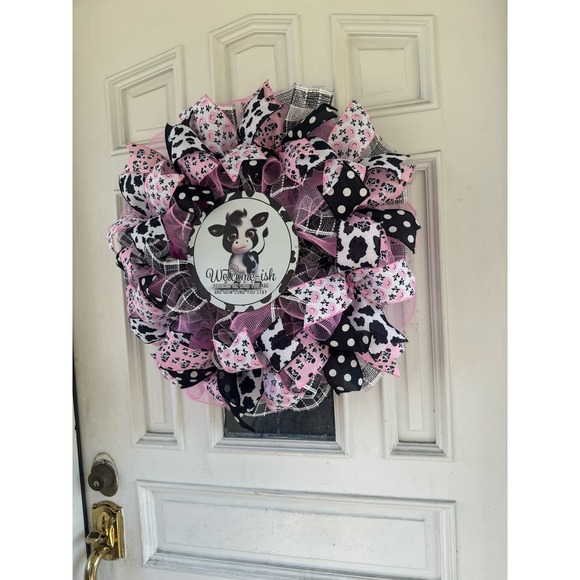 Pink Black Cow Welcome-ish Mesh Ribbon Spring Wreath Front Door Hanger Decor - Picture 6 of 8
